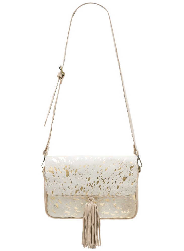 Women's leather crossbody bag with fur and embellishment - beige Due Linee