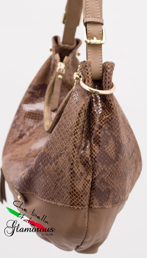 Glamadise.sk - Kožená kabelka s hadím vzorom a zipsom - béžová - Glamorous  by GLAM - Cez rameno - Kožené kabelky - GLAM, protože chci být odlišná!