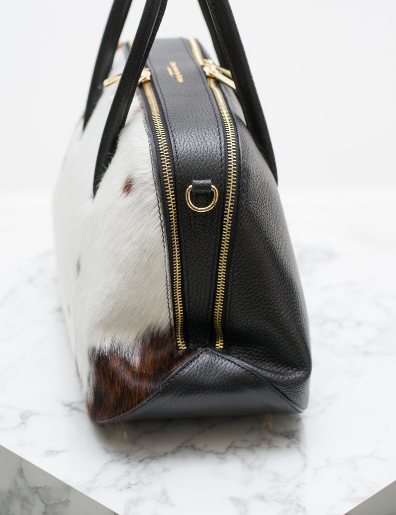 Kožená kabelka malá s dvojitým zipem a srstí bílo - hnědá - Glamorous by  GLAM - Do ruky - Kožené kabelky - GLAM, protože chci být odlišná!