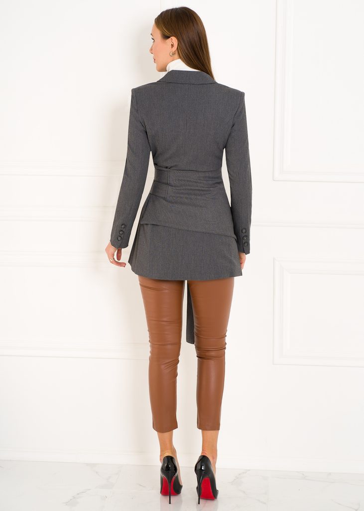 Dámské šedé exkluzivní dvouřadé sako s páskem - Due Linee - Saka a blejzry  - Dámské oblečení - GLAM, protože chci být odlišná!