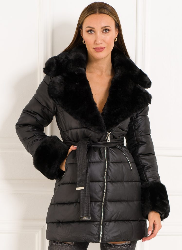 Dámská bunda s kožešinovým límcem a rukávy černá - Due Linee - Zimní bundy  - Dámské oblečení - GLAM, protože chci být odlišná!