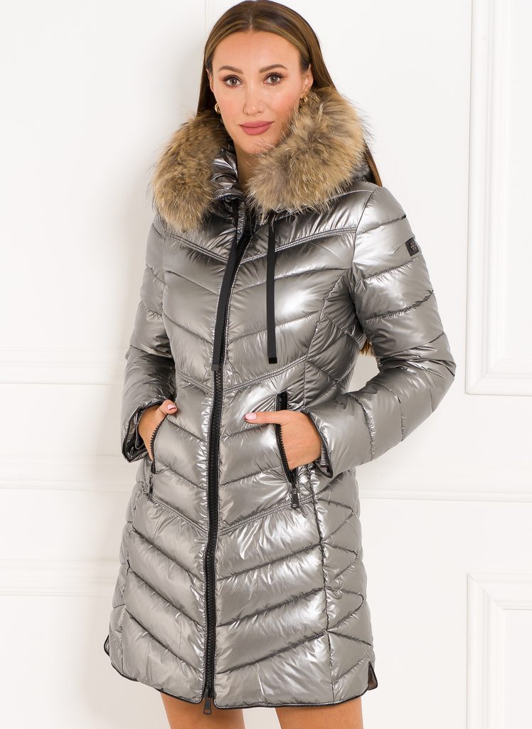 Glamadise.sk - Dámská zimní bunda s pravou kožešinou kolem kapuci stříbrná  - Due Linee - Zimné bundy - Dámske oblečenie - GLAM, protože chci být  odlišná!