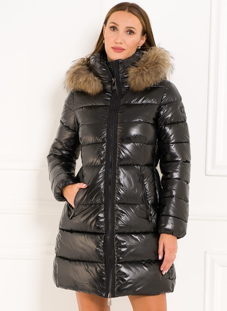 Winter Jacket With Real Fox Fur, Black Fox Fur Hooded Coat Womens