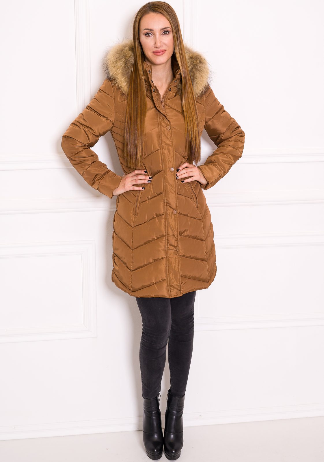 Glamadise Italian fashion paradise Women s winter jacket with real fox fur Due Linee Brown Due Linee Winter jacket Women s clothing Glamadise italian fashion paradise