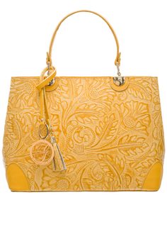 Dámská kožená kabelka ražená s květy - žlutá