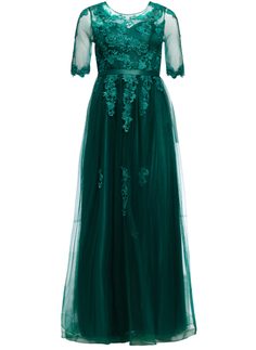 Spoločenské luxusné dlhé šaty s rukávom - zelená