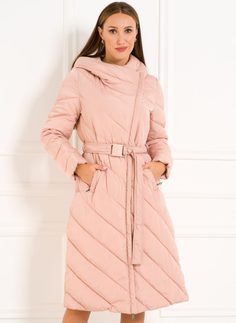 Dámská dlouhá zimní bunda s asymetrickým zipem - baby pink