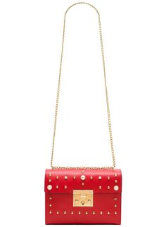 Dámská kožená crossbody kabelky s perličkami - červená