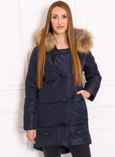 Dámská zimní bunda se zipy s pravým mývalovcem - tmavě modrá