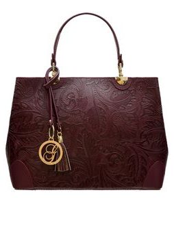 Dámská kožená kabelka ražená s květy - vínová -