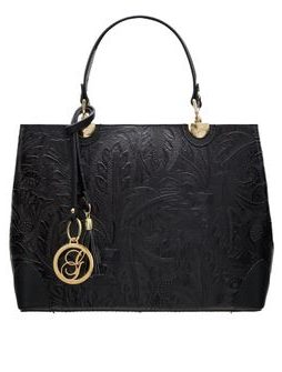 Dámská kožená kabelka ražená s květy - černá -