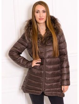 Women's winter jacket with real fox fur Due Linee - Brown -