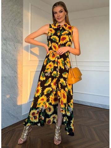 Dámske letné šaty s kvetmi čierno-žlté -