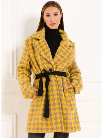Dámský kabát žluto-šedý vzorovaný s páskem -
