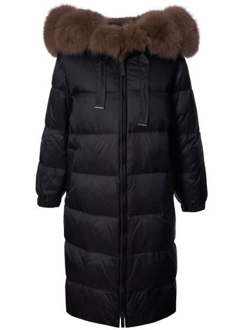 Dámská péřová oversize zimní bunda černá s hnědou liškou -