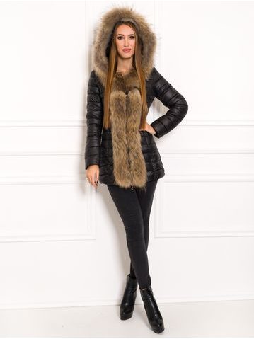 Women's winter jacket with real fox fur Due Linee - Black -