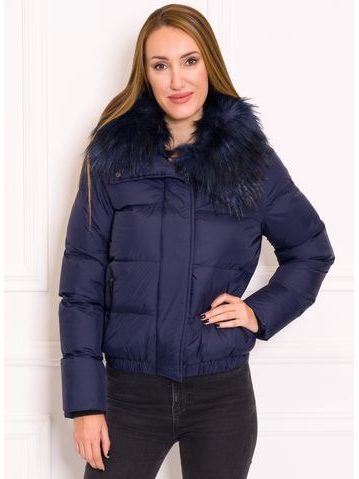 Dámská zimní krátká bunda se syntetickým límcem - modrá -