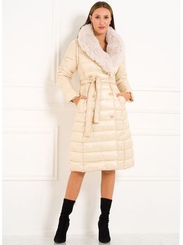 Dámská kožená kabelka přes velká rameno se srstí a zdobením - béžová -