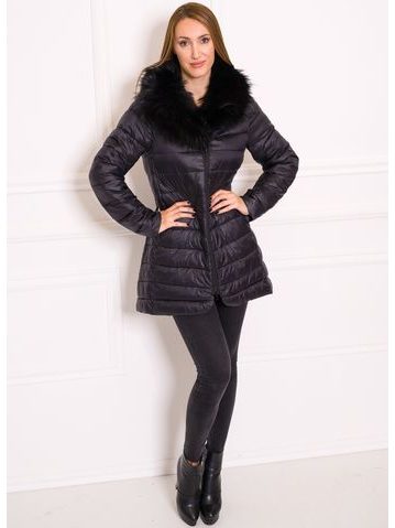 Women's winter jacket with real fox fur Due Linee - Black -