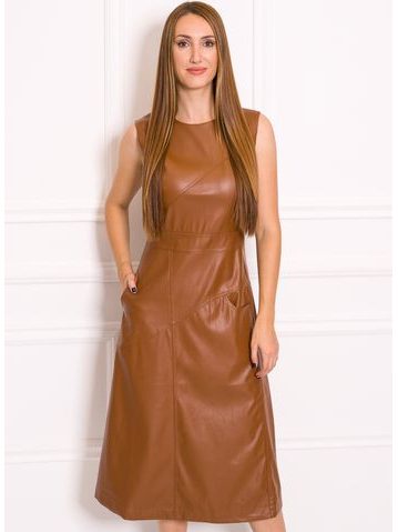 Dámske koženkové šaty midi - hnedá -