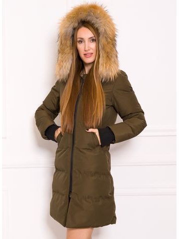 Dámská delší zimní bunda s černým lemem a pravým mývalovcem - olivová -