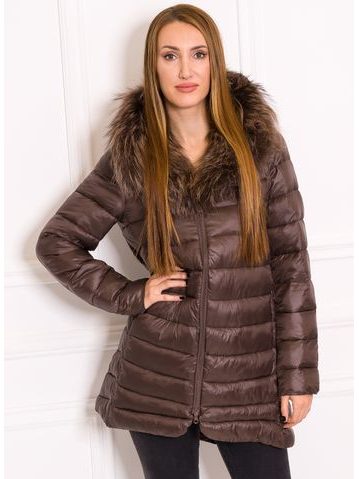 Women's winter jacket with real fox fur Due Linee - Brown -