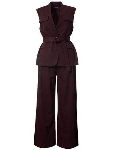 Costum damă burgundy cu cataramă aurie -