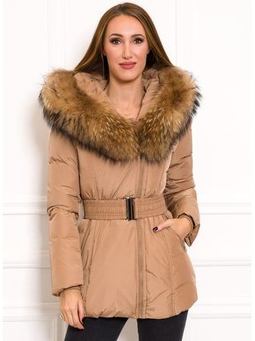 Women's winter jacket with real fox fur Due Linee - Beige -