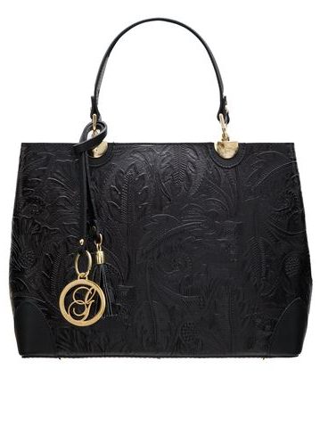 Dámská kožená kabelka ražená s květy - černá -