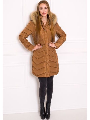 Women's winter jacket with real fox fur Due Linee - Brown -