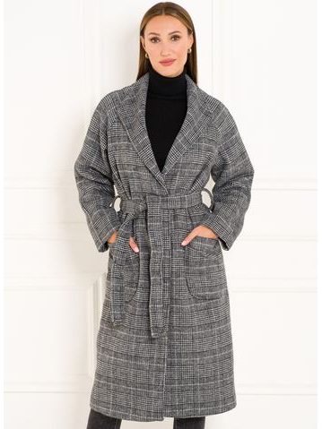 Dámský dlouhý kabát s vázáním šedý -