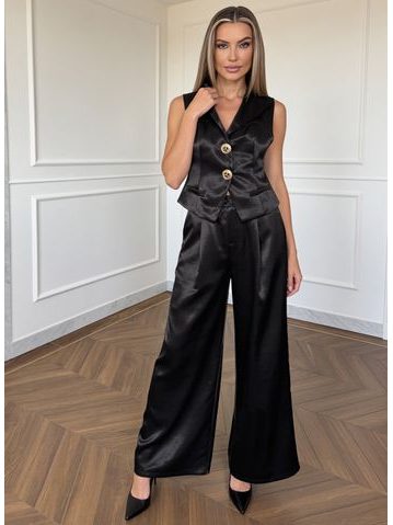 Compleu satinat vestă și pantaloni negru -