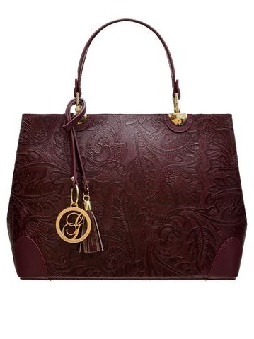 Dámská kožená kabelka ražená s květy - vínová -