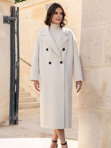 Prémiový dámský kabát ze 100% vlny krémový -