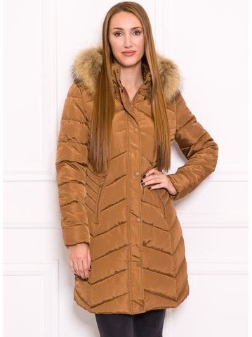 Women's winter jacket with real fox fur Due Linee - Brown -