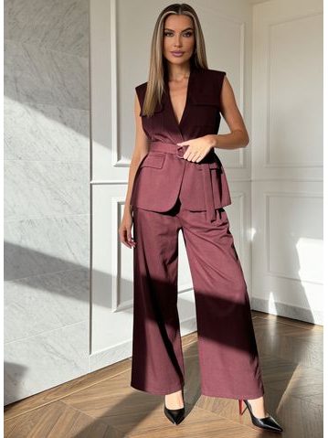 Compleu damă vestă și pantaloni burgundy jeans -