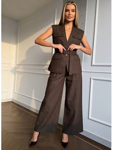 Compleu damă vestă și pantaloni jeans maro -
