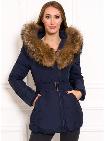 Women's winter jacket with real fox fur Due Linee - Dark blue -