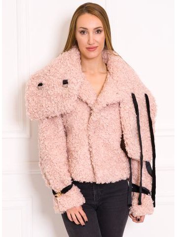 Dámska krátka bunda imitácia baránka s prackami - ružová -