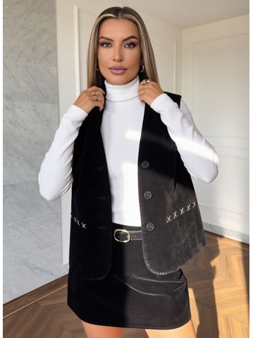 Compleu elegant flock vestă și pantaloni scurți negru -