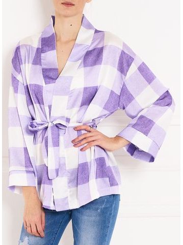 Dámská saténové kimono na zavazování se vzorem kostek - fialová -