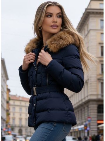 Geacă de iarnă de damă cu guler din vulpe autentică Due Linee - Albastră -
