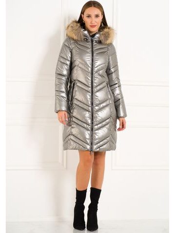 Női téli kabát eredeti rókaszőrrel Due Linee - Ezüst -
