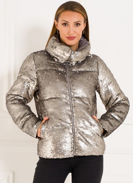 Dámská zimní bunda s glitry - stříbrná -