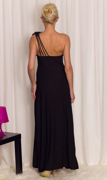 Společenské dlouhé šaty na jedno rameno s volánem - černá -