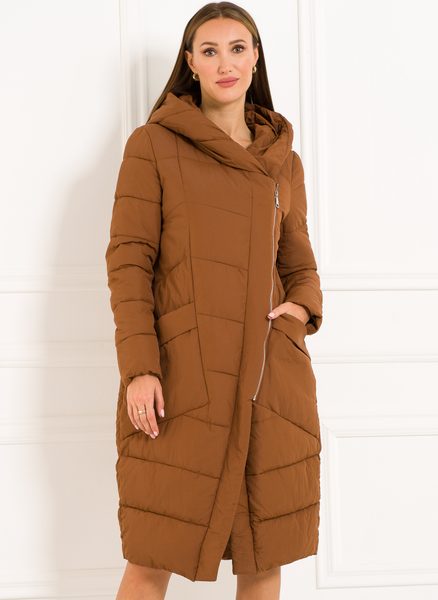 Dámska zimná bunda s asymetrickým zipsom - hnedá -