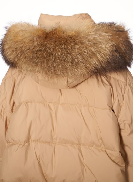 Poncho de puf pentru femei cu blană naturală de raton, bej -