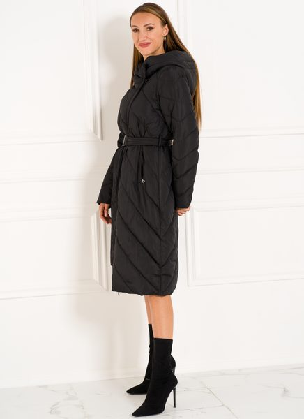 Dámská dlouhá zimní bunda s asymetrickým zipem - černá -