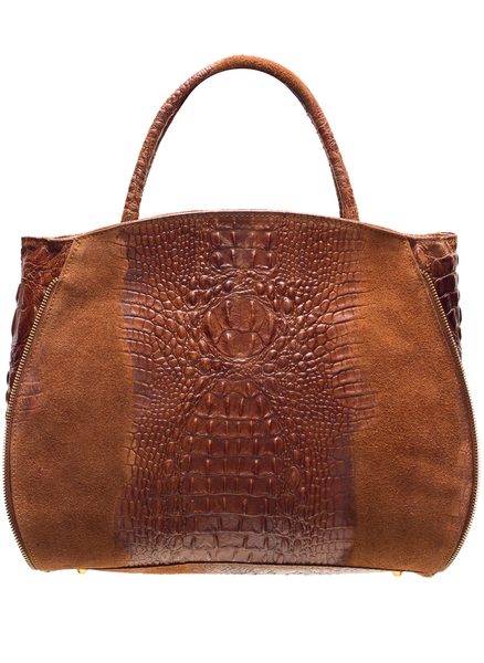 Dámska kožená kabelka so zipsom krokodíl - hnedá -