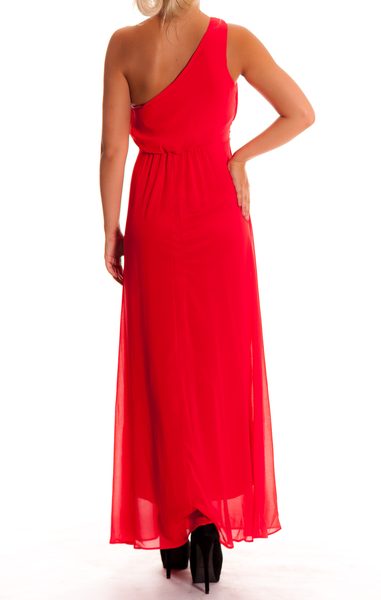 Dámske dlhé plesové šaty červenej na jedno rameno -